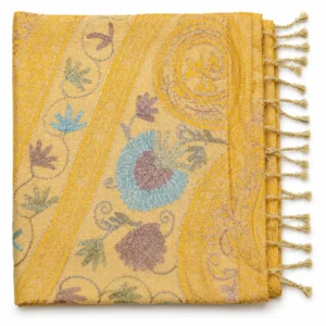 Mustard yellow premium Kashmiri embroidered shawl with floral patterns and tassel border